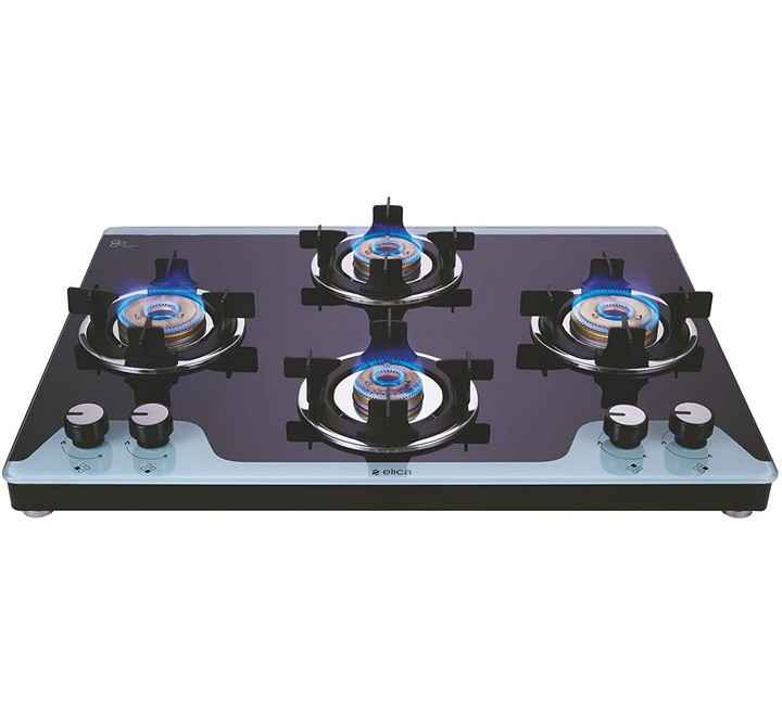 Elica Slimmest 4 Burner Gas Stove with Double Drip Tray and Forged Brass Burners (694 CT VETRO 2J (TKN CROWN DT MI)) (694CTVETRO 2J TKN)